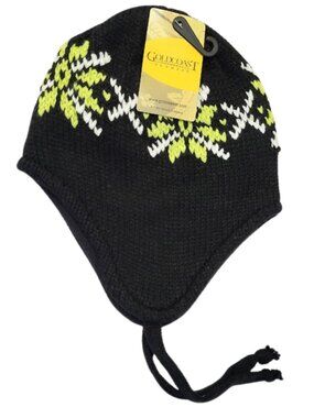 GOLD COAST SUNWEAR NWT Black Nordic Snowflake Knit Earflap Beanie Hat Unisex OS